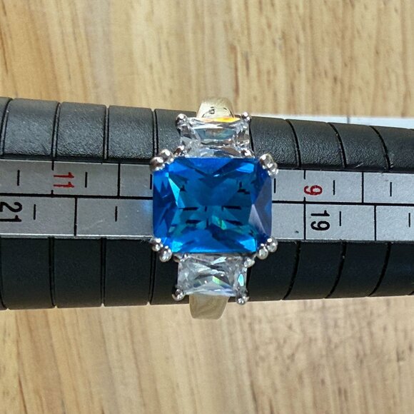 Silver Tone Cocktail Ring With Blue Emerald-Cut Center & Clear Side Size 10 - Picture 9 of 16